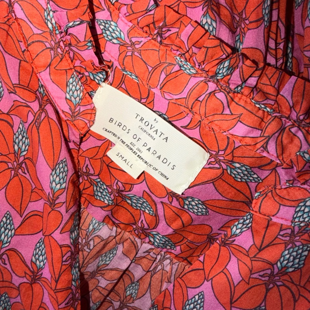 Trovata Birds of Paradis Red Pink Floral Cotton Puff Sleeve Mini Dress S Cottage - Picture 3 of 9